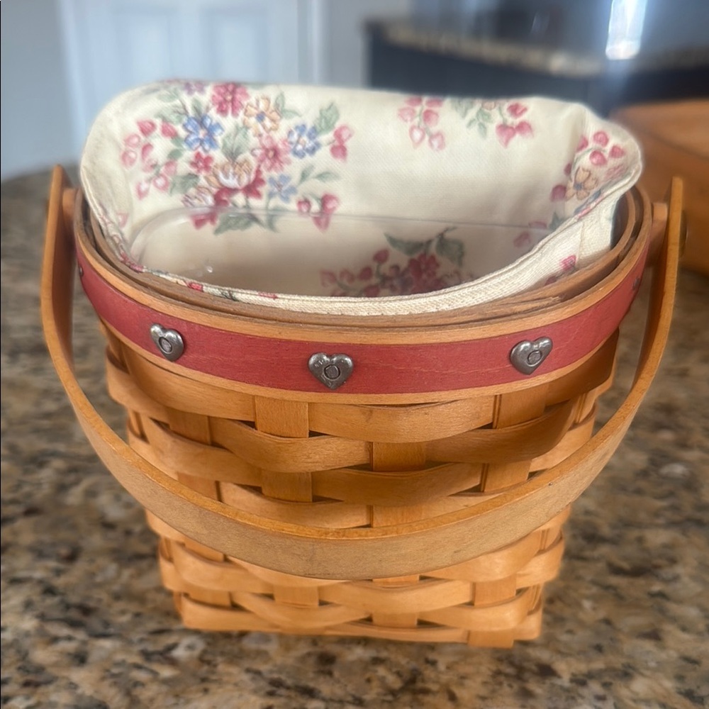 Longaberger Tan and Red Heart Accent Basket with Floral Liner